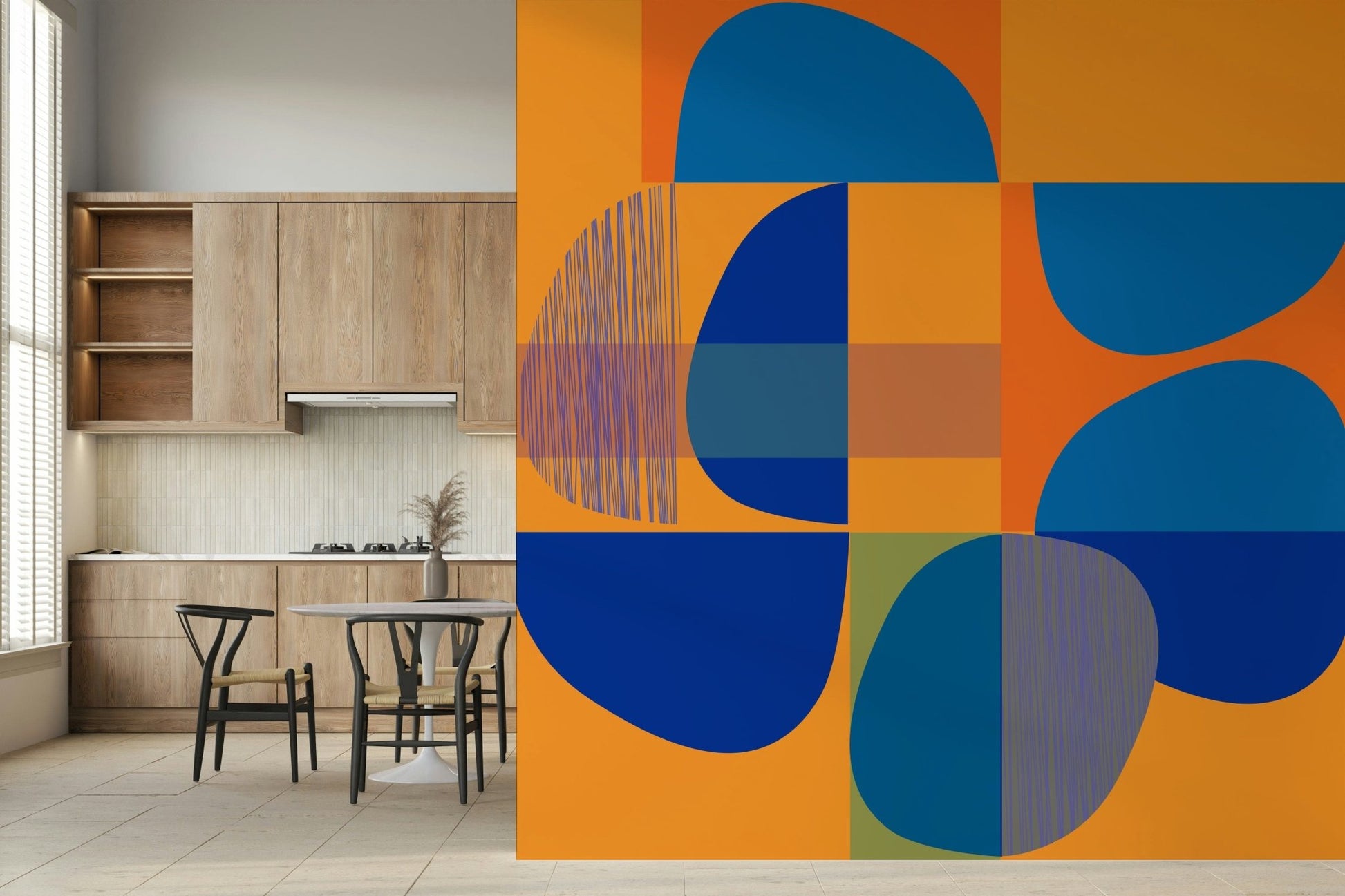 An artistic composition of squares on the lively Vivid Geometry Wall Mural.