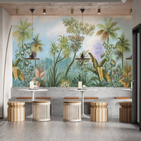 Serene forest with birds wall mural design