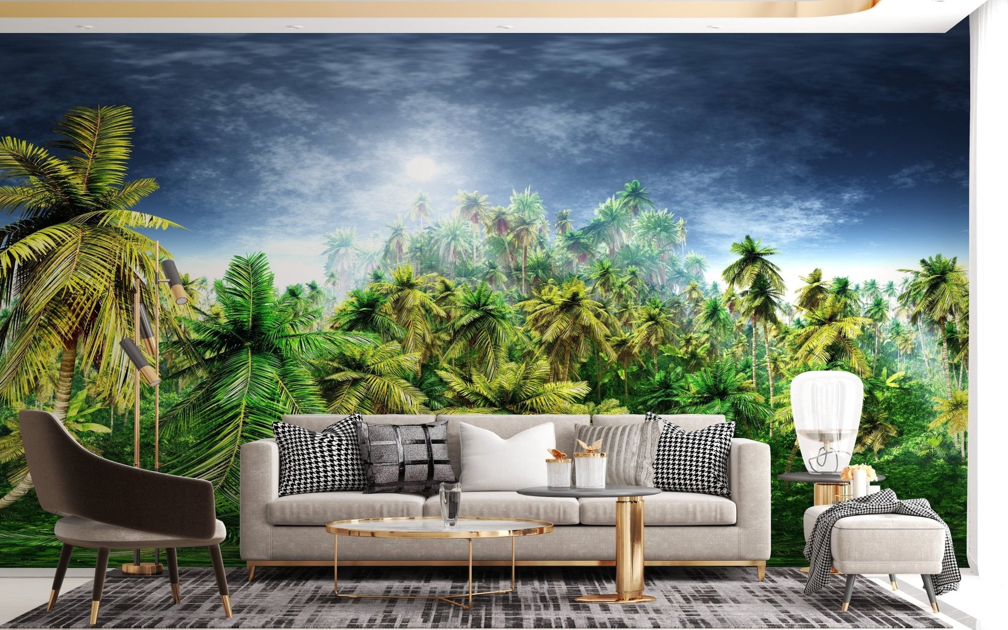 Vibrant jungle mural with rainy morning vibes A216