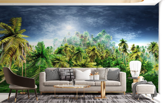 Vibrant jungle mural with rainy morning vibes A216