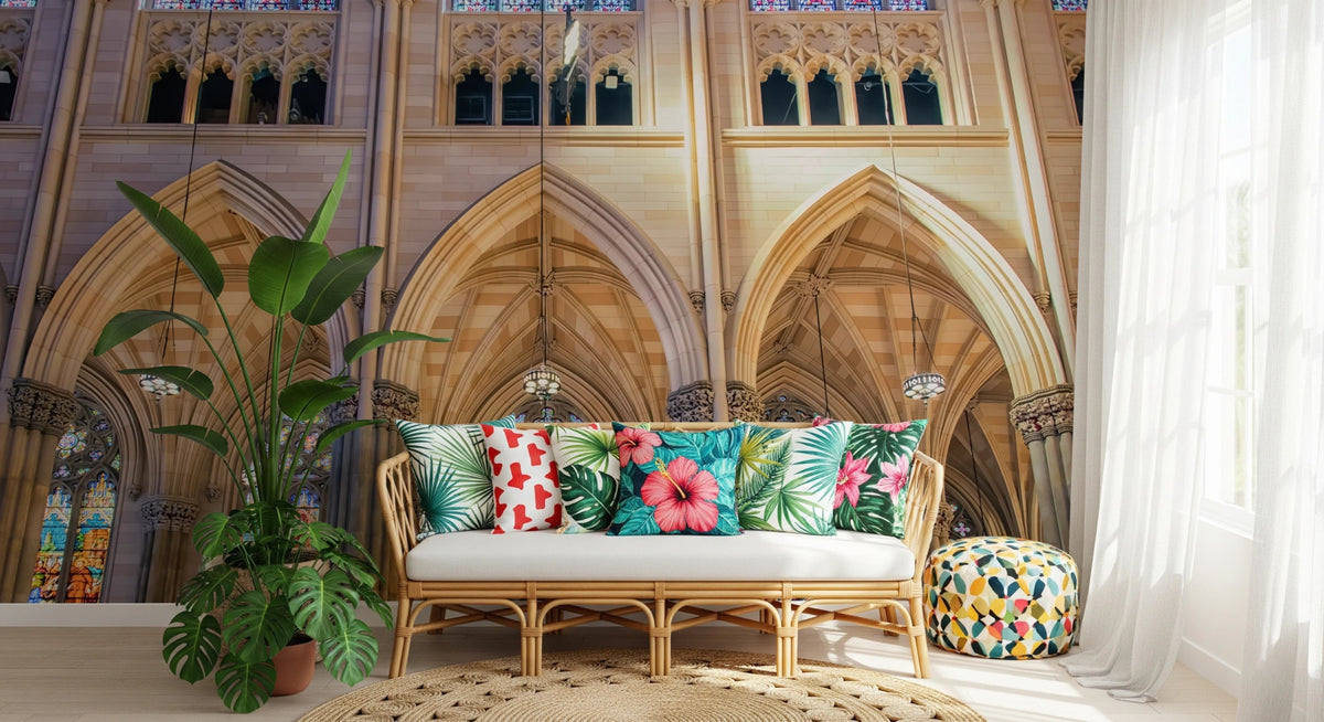 Vivid stained glass wall mural with classic architecture, GD8193