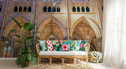 Vivid stained glass wall mural with classic architecture