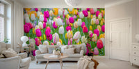 A peaceful wall mural with a field of tulips.

