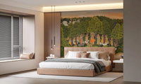Warm bedroom styled with Vrindavan Forest Gathering Wall Mural above the bed