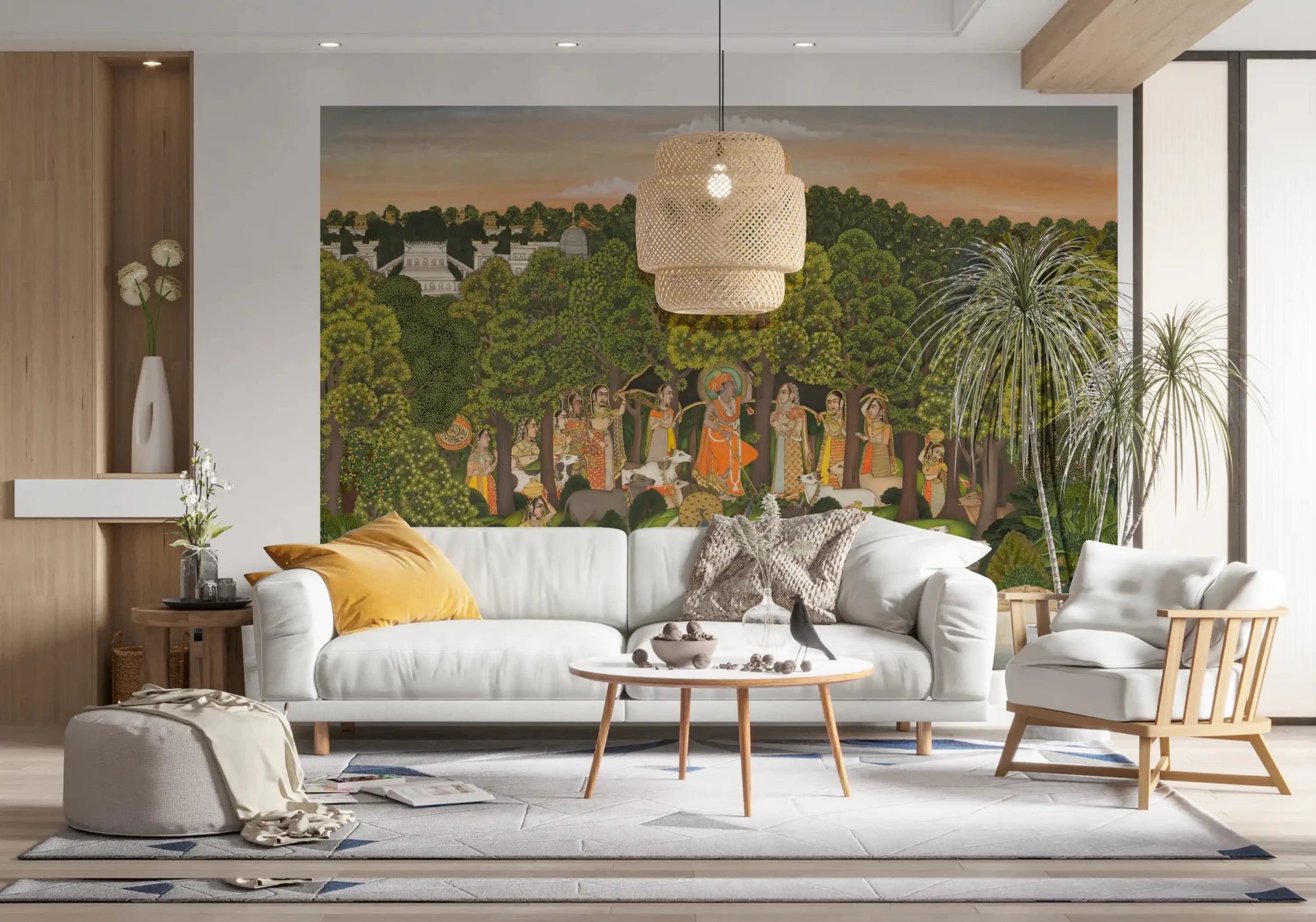 Open Living sitting area finished with Vrindavan Forest Gathering Wall Mural