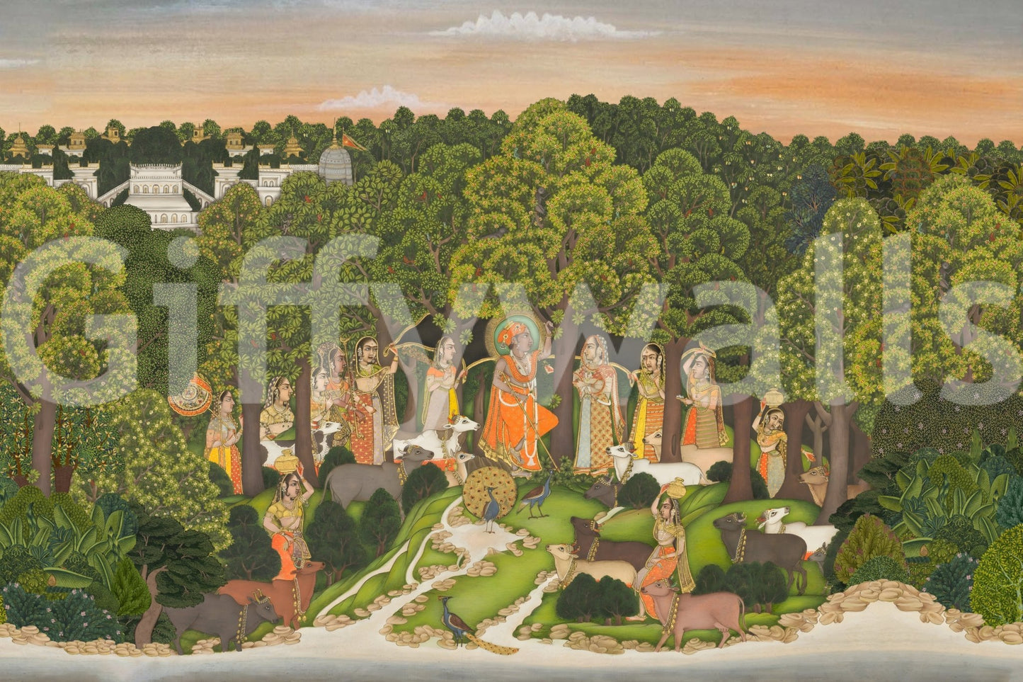Vrindavan Forest Gathering Wall Mural with figures animals trees and sunset sky scene