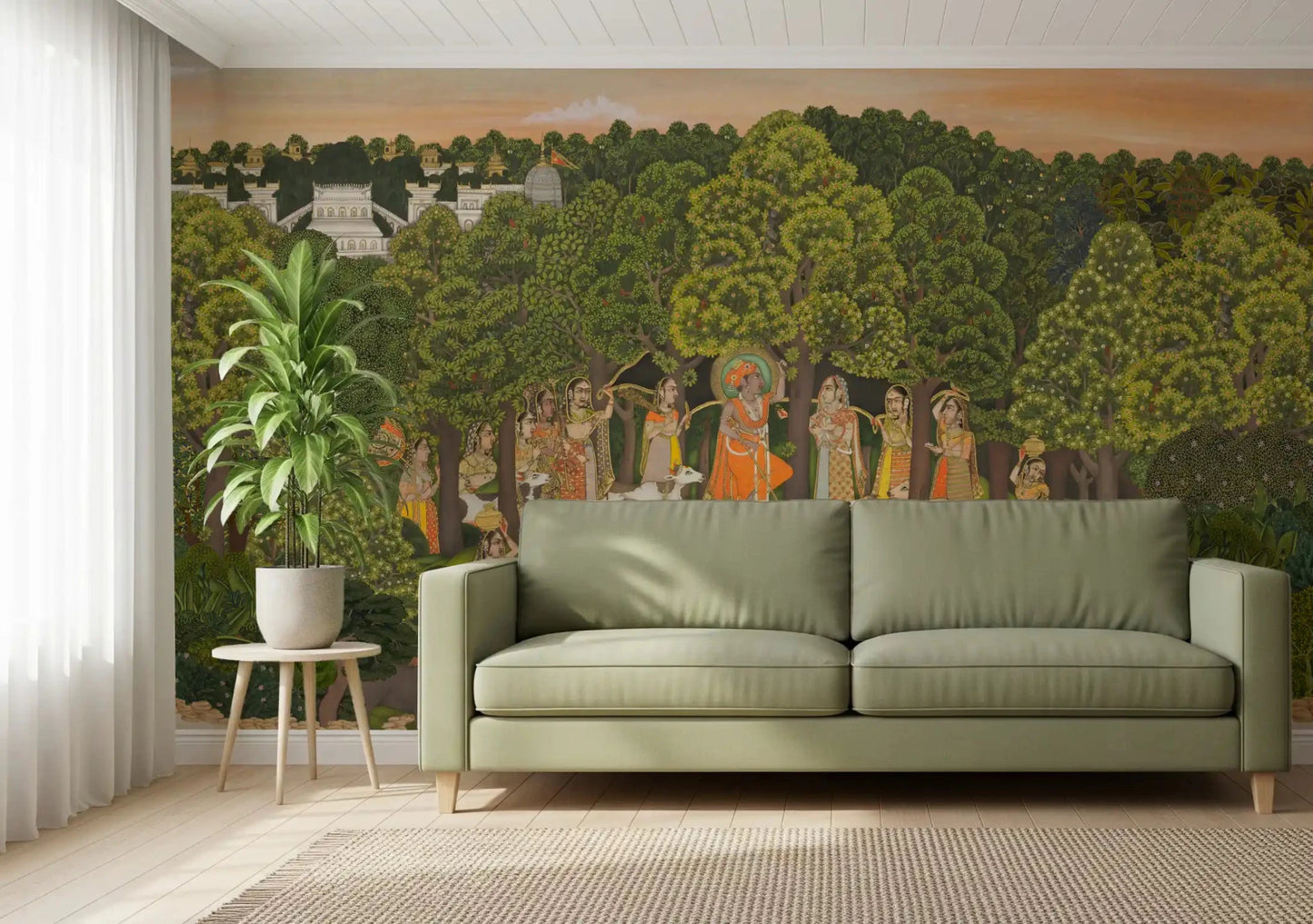 Soft green sofa paired with Vrindavan Forest Gathering Wall Mural in a lounge
