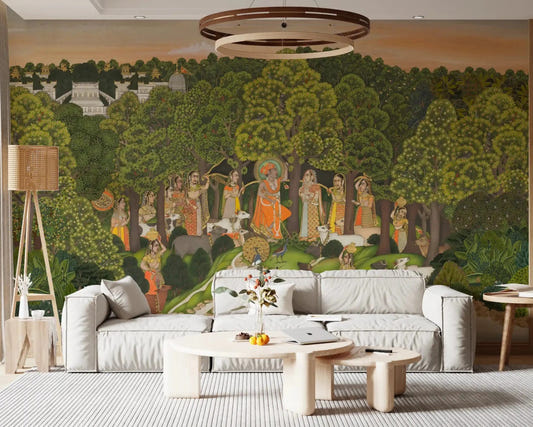Vrindavan Forest Gathering Wall Mural behind a white sofa in a calm living room