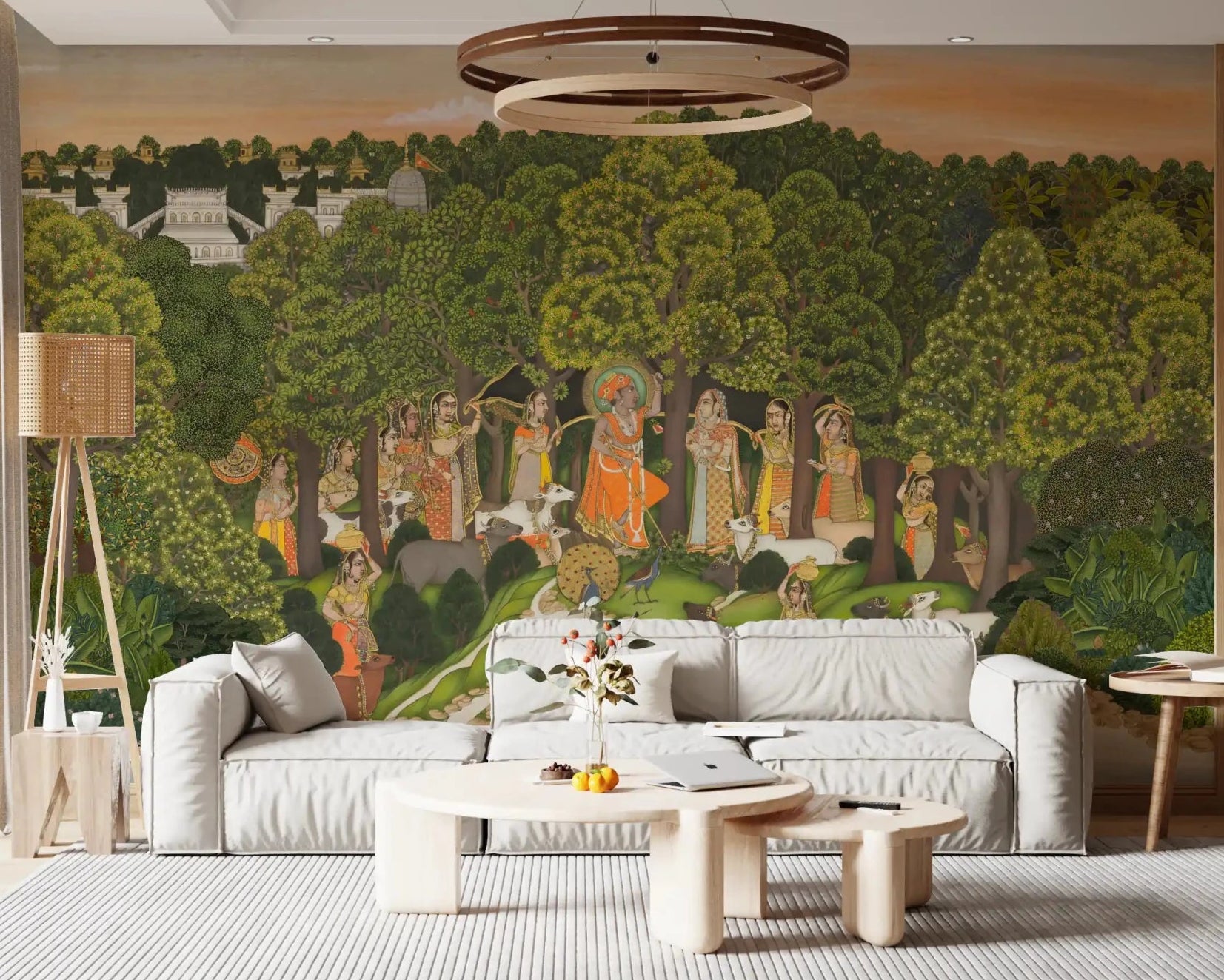 Vrindavan Forest Gathering Wall Mural behind a white sofa in a calm living room