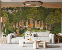 Vrindavan Forest Gathering Wall Mural behind a white sofa in a calm living room