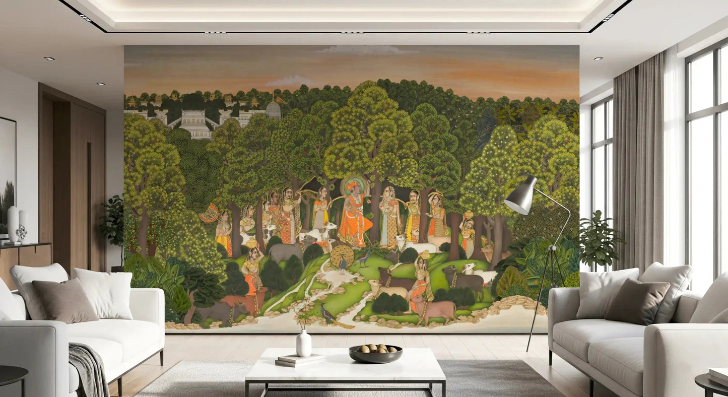 Vrindavan Forest Gathering Wall Mural across a bright lounge with wide windows