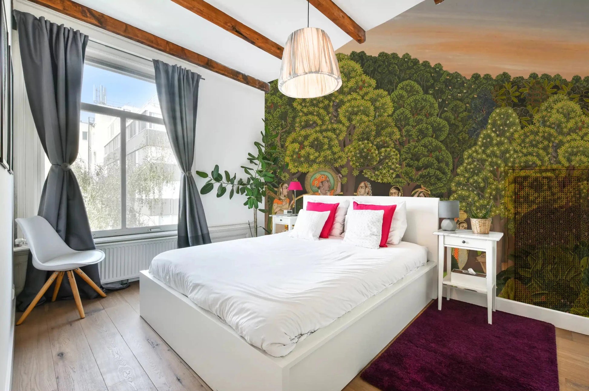 Sloped ceiling bedroom with Vrindavan Forest Gathering Wall Mural by the bed
