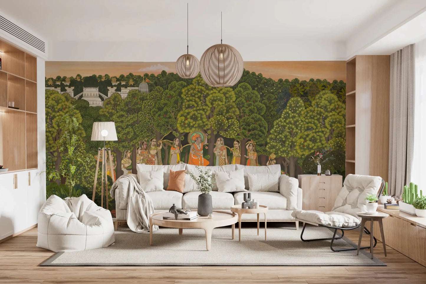 Vrindavan Forest Gathering Wall Mural set behind a long Living Sofa 