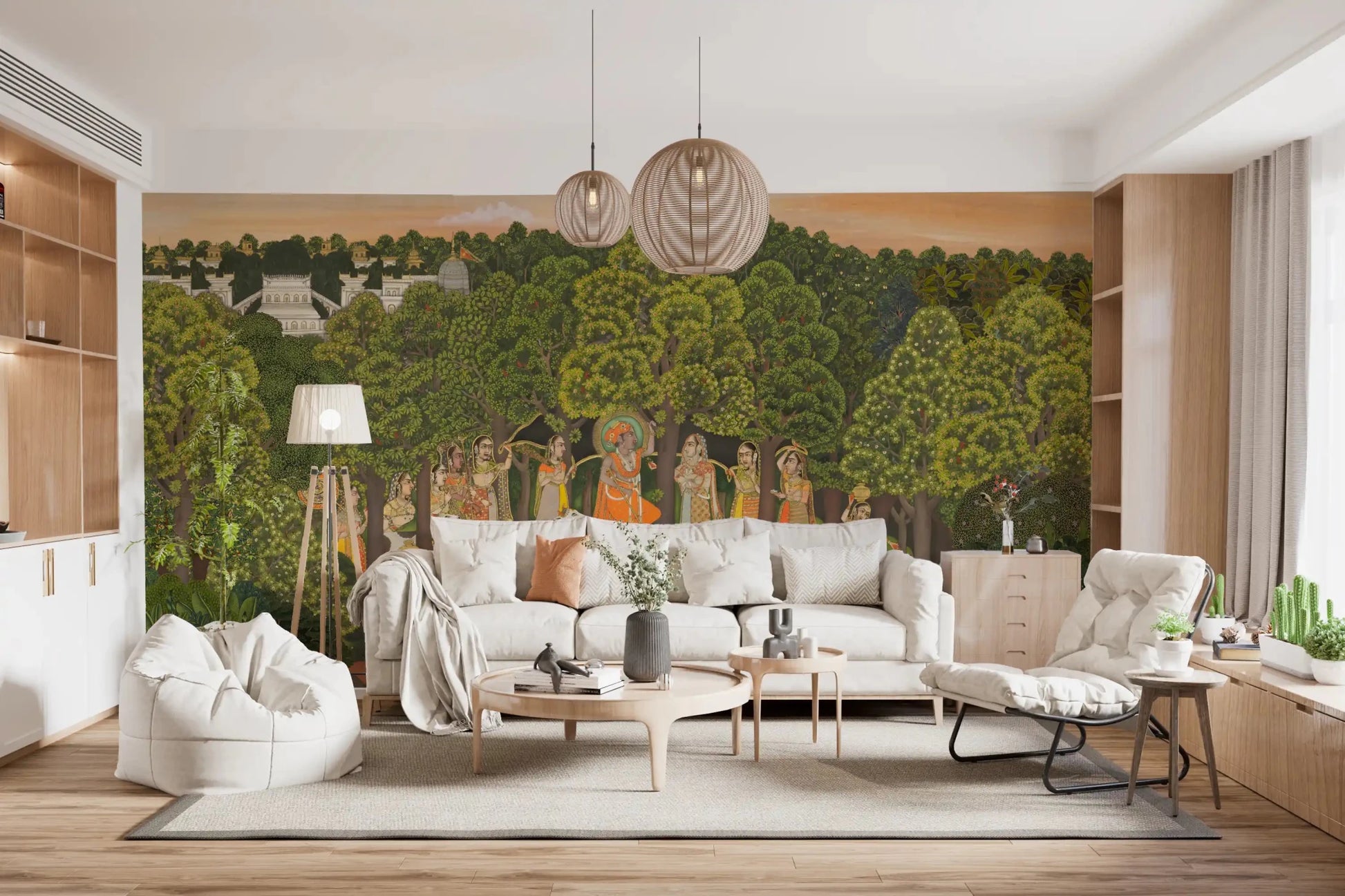 Vrindavan Forest Gathering Wall Mural set behind a long Living Sofa 