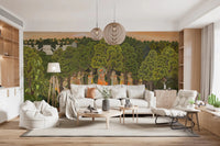 Vrindavan Forest Gathering Wall Mural set behind a long Living Sofa 