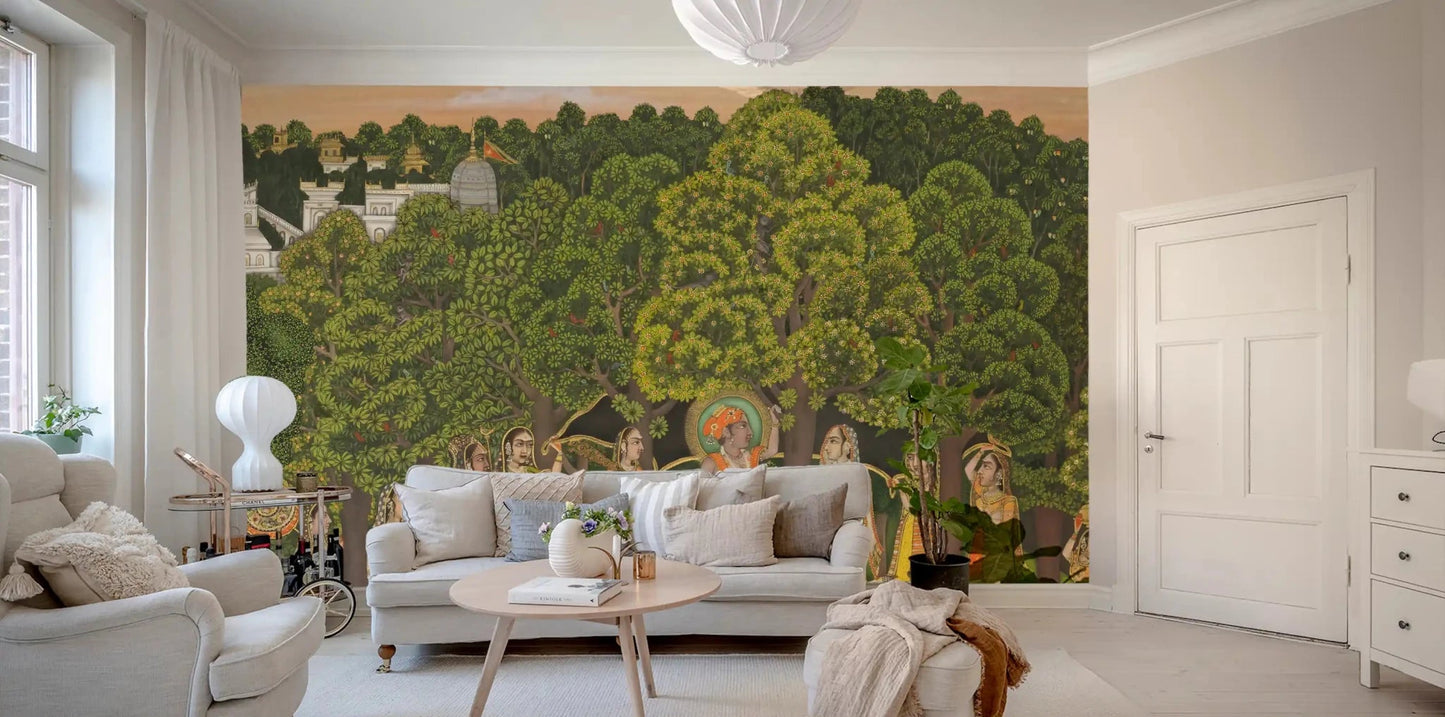 Living space framed with Vrindavan Forest Gathering Wall Mural and forest detail