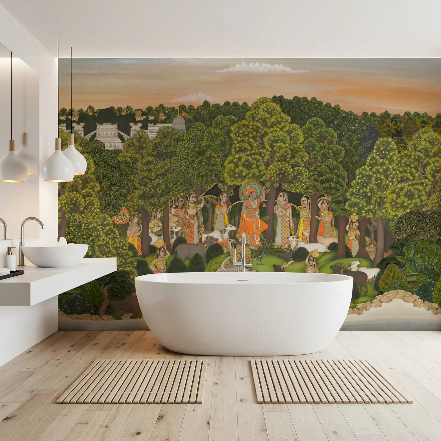 Spacious bathroom featuring Vrindavan Forest Gathering Wall Mural behind the tub