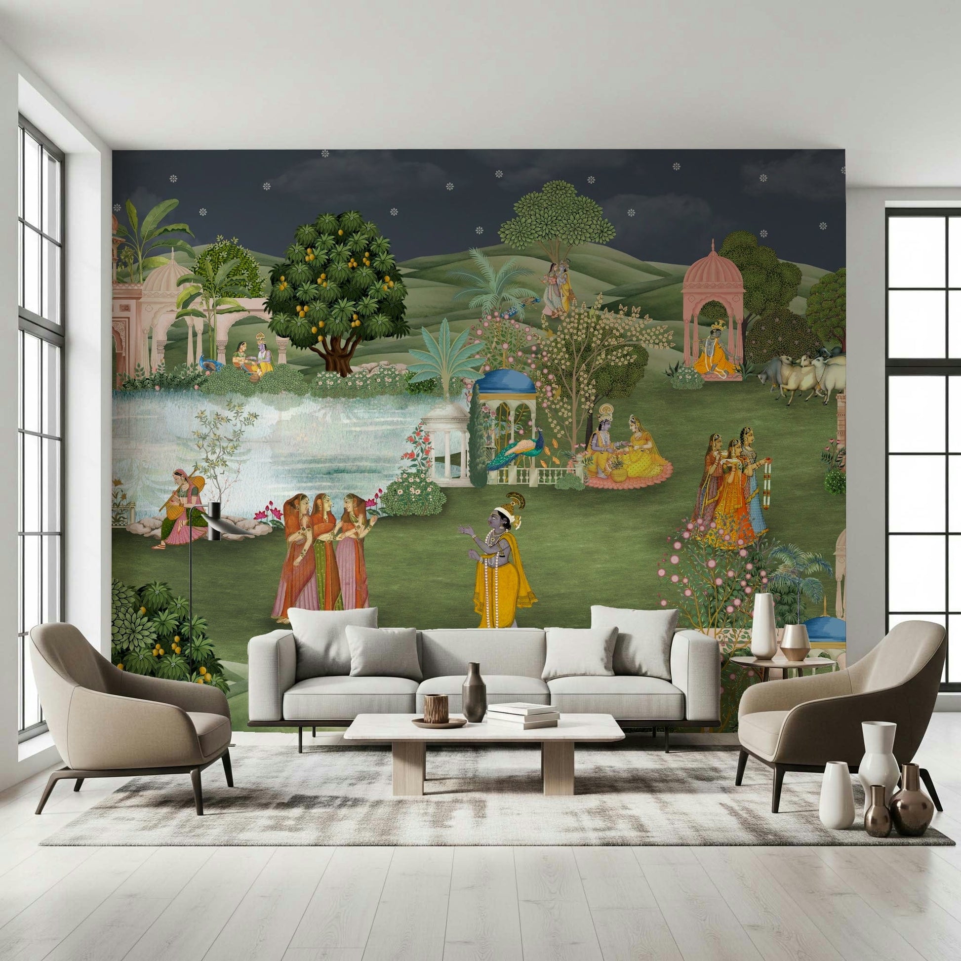 Wall mural showing Vrindavan-inspired architecture and gardens