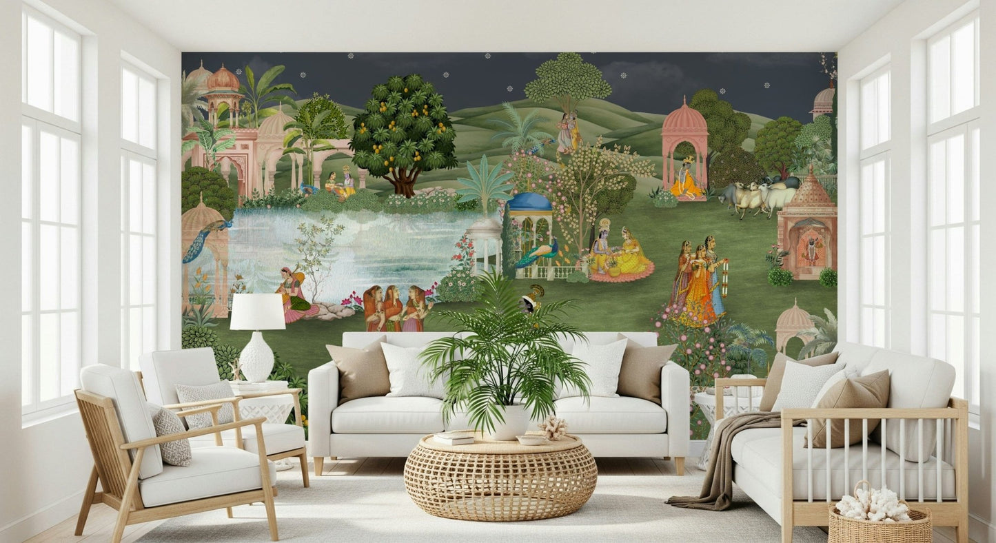 Vrindavan Vihar mural art with soft earthy tones on interior wall