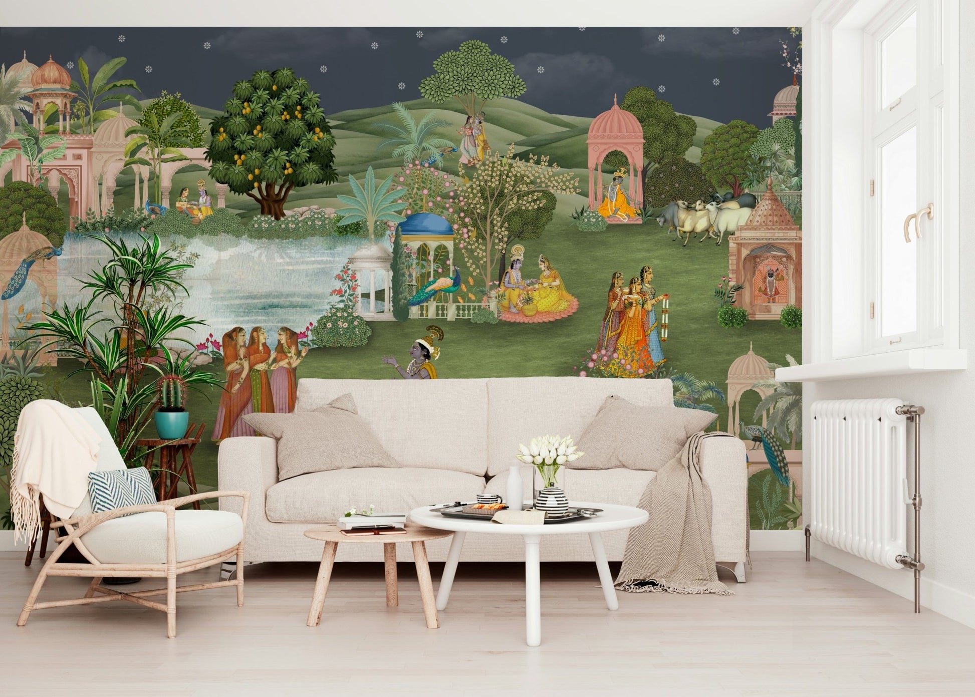 Vrindavan Vihar mural for bedroom accent wall with subtle colors