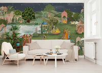 Vrindavan Vihar mural for bedroom accent wall with subtle colors