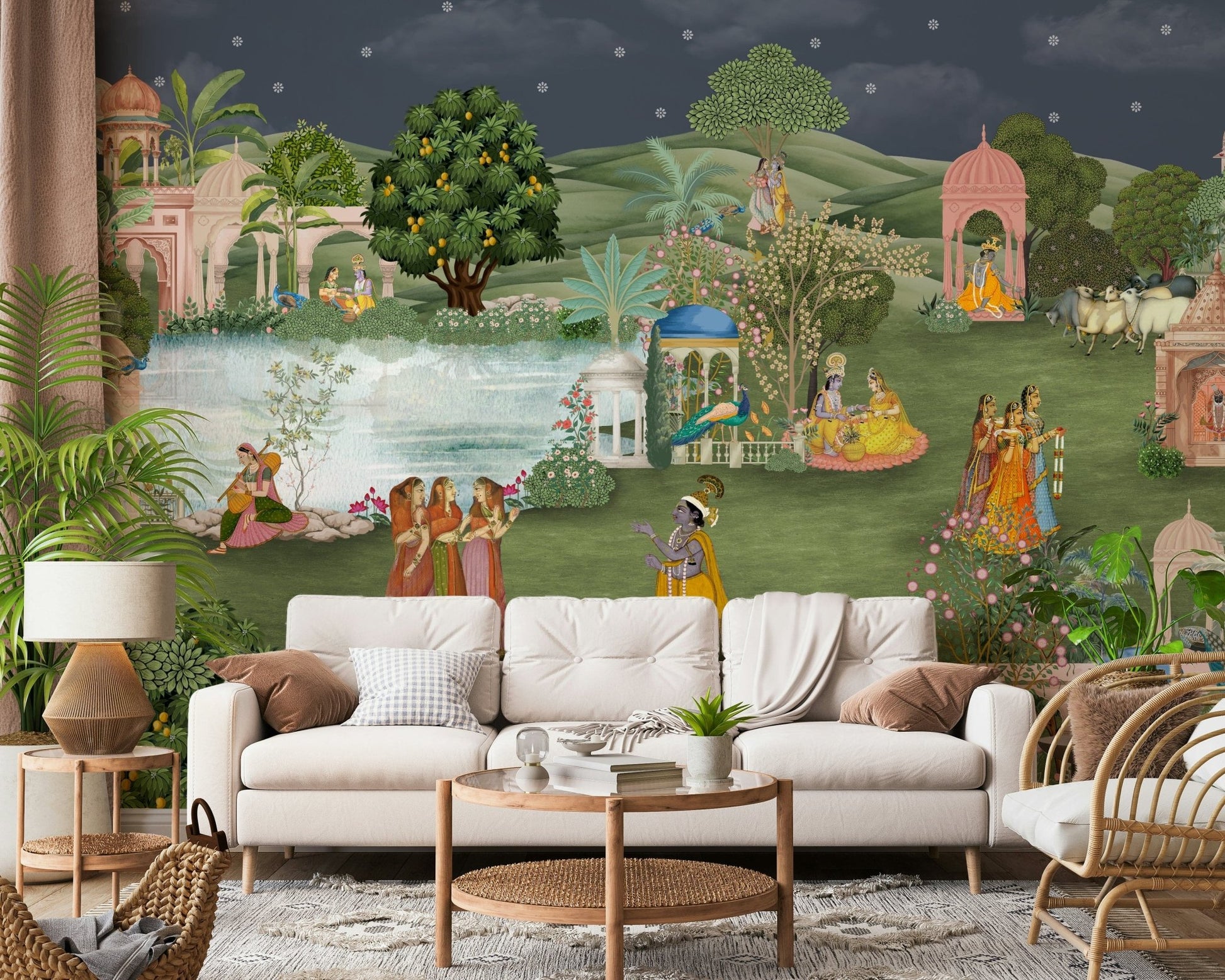 Close-up of Vrindavan Vihar mural details with calm landscape elements