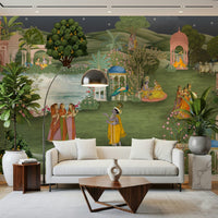 Vrindavan Vihar mural design with warm light and scenic depth
