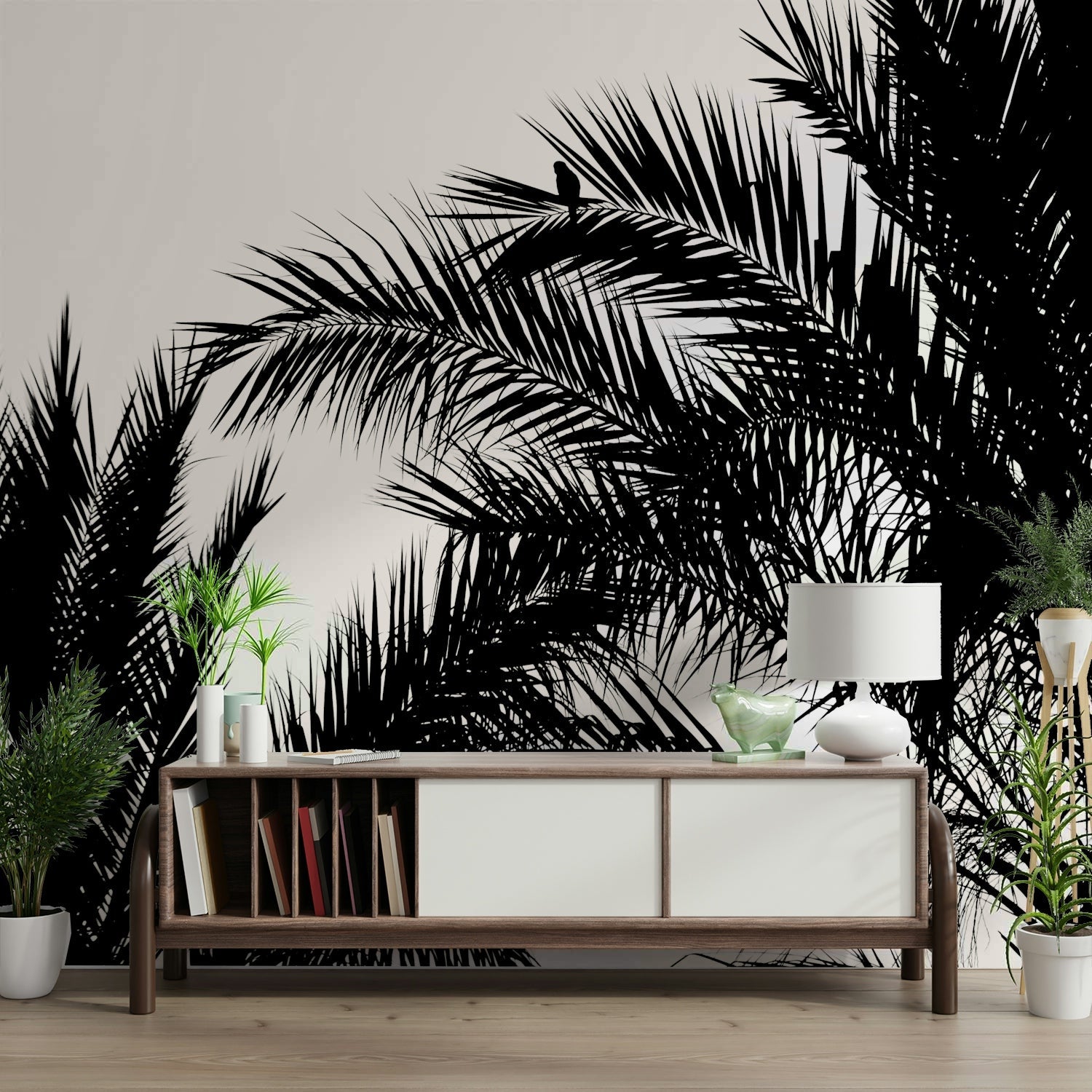 A peaceful flowing design mural on decorative wallpaper.

