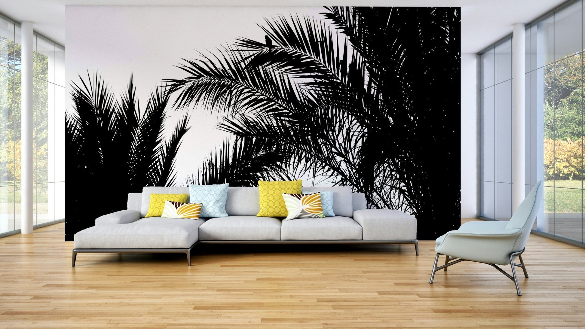 A beautiful serene landscape wallpaper mural for a modern room.

