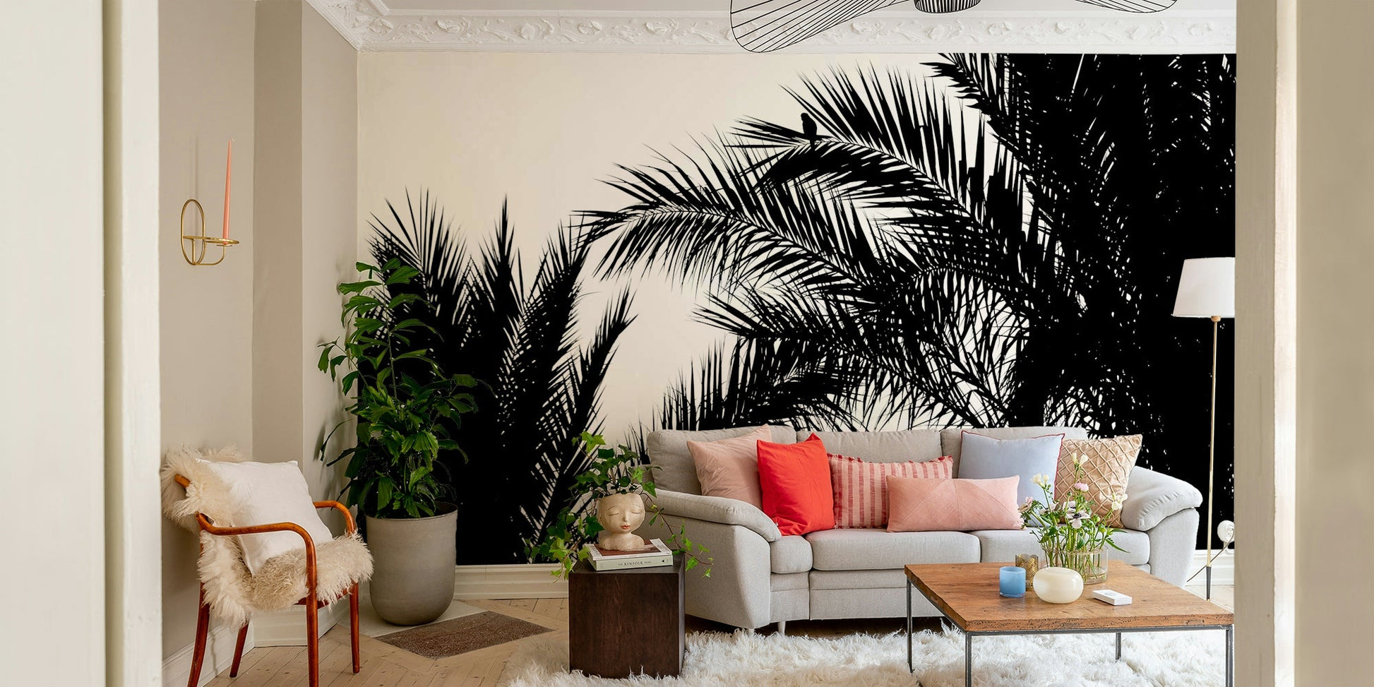 An artistic contemplative scene mural on minimalist wallpaper.

