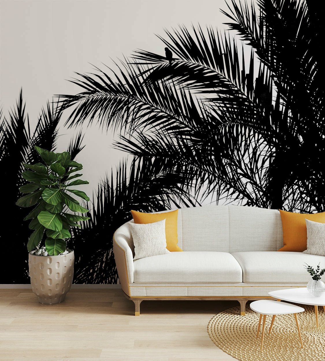 A graceful subtle abstract wall mural in cool, natural tones.

