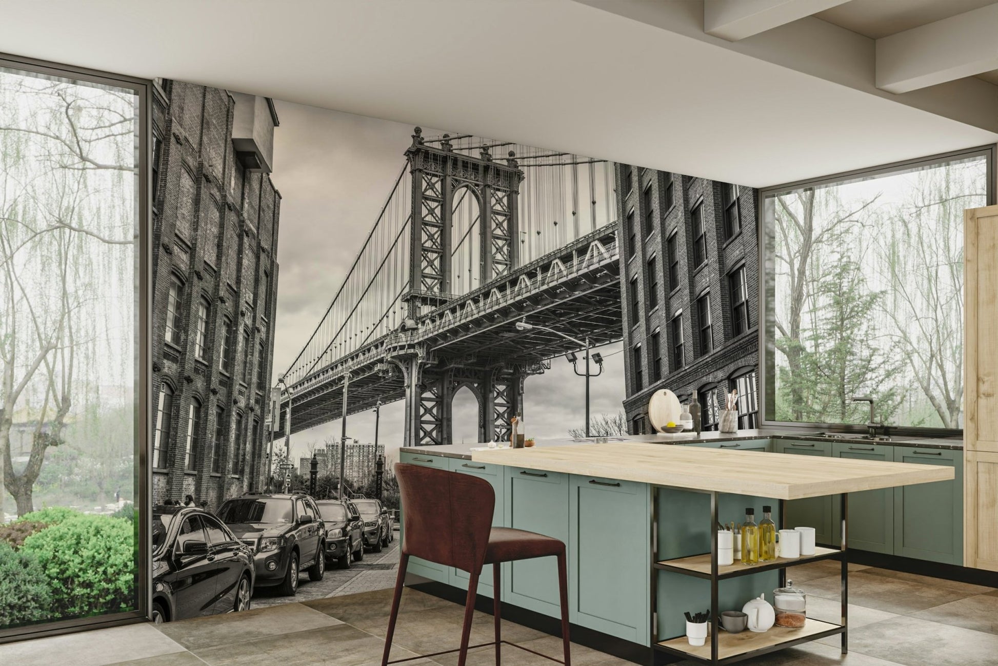 Parked cars are visible on the street.

