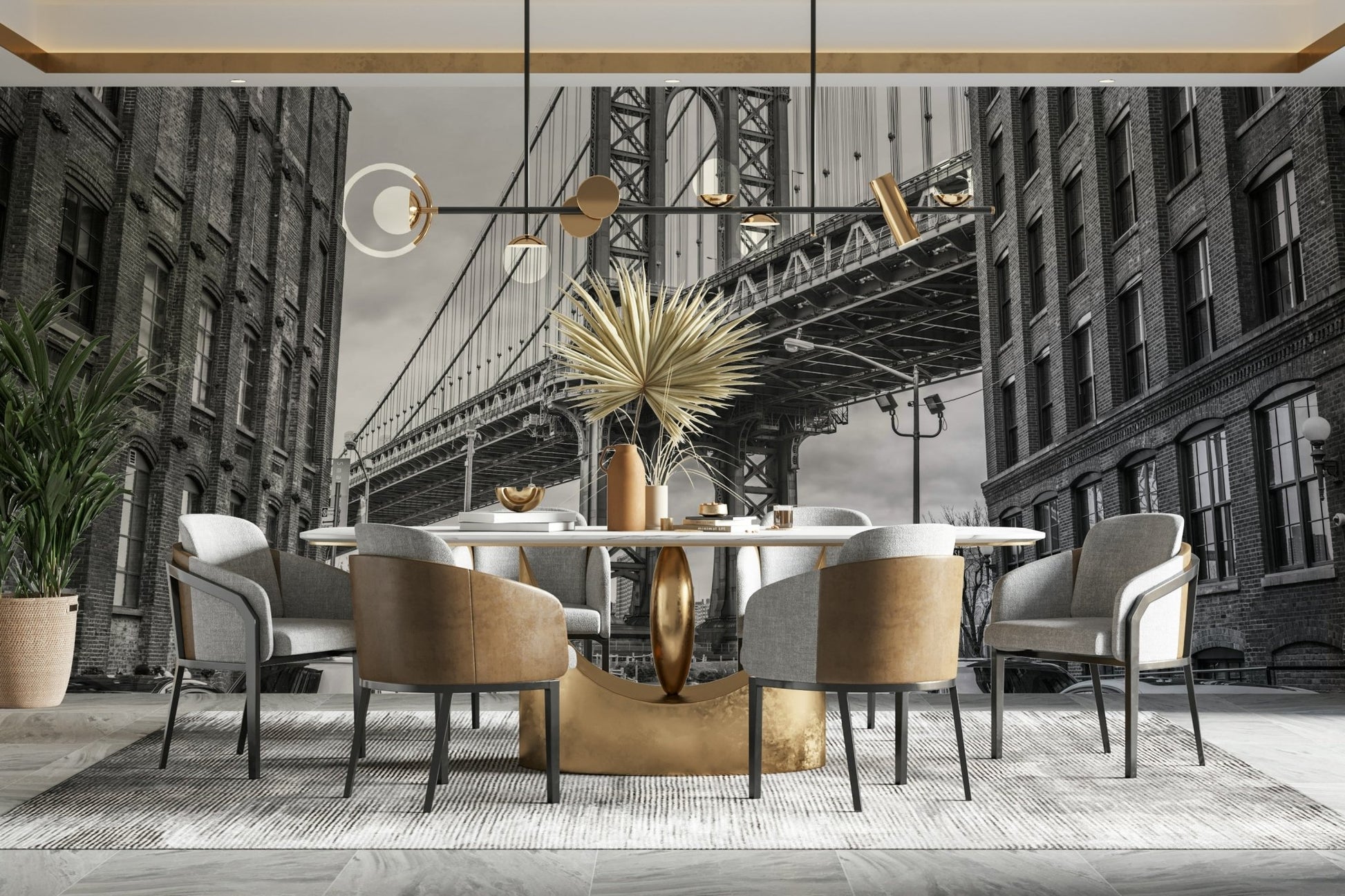 The view is from a cobblestone street in a city neighborhood.

