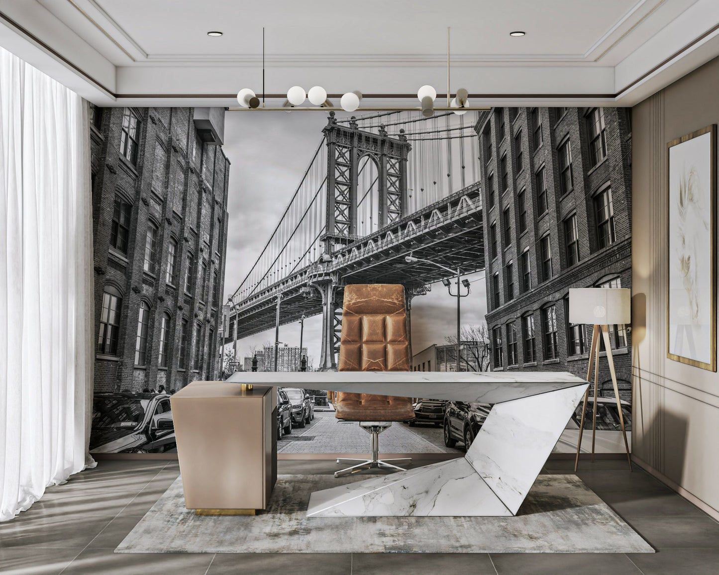 The towering structure of the bridge is the main focus.

