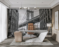 The towering structure of the bridge is the main focus.

