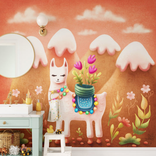 Serene lama mural with dusty mountain vibes A218
