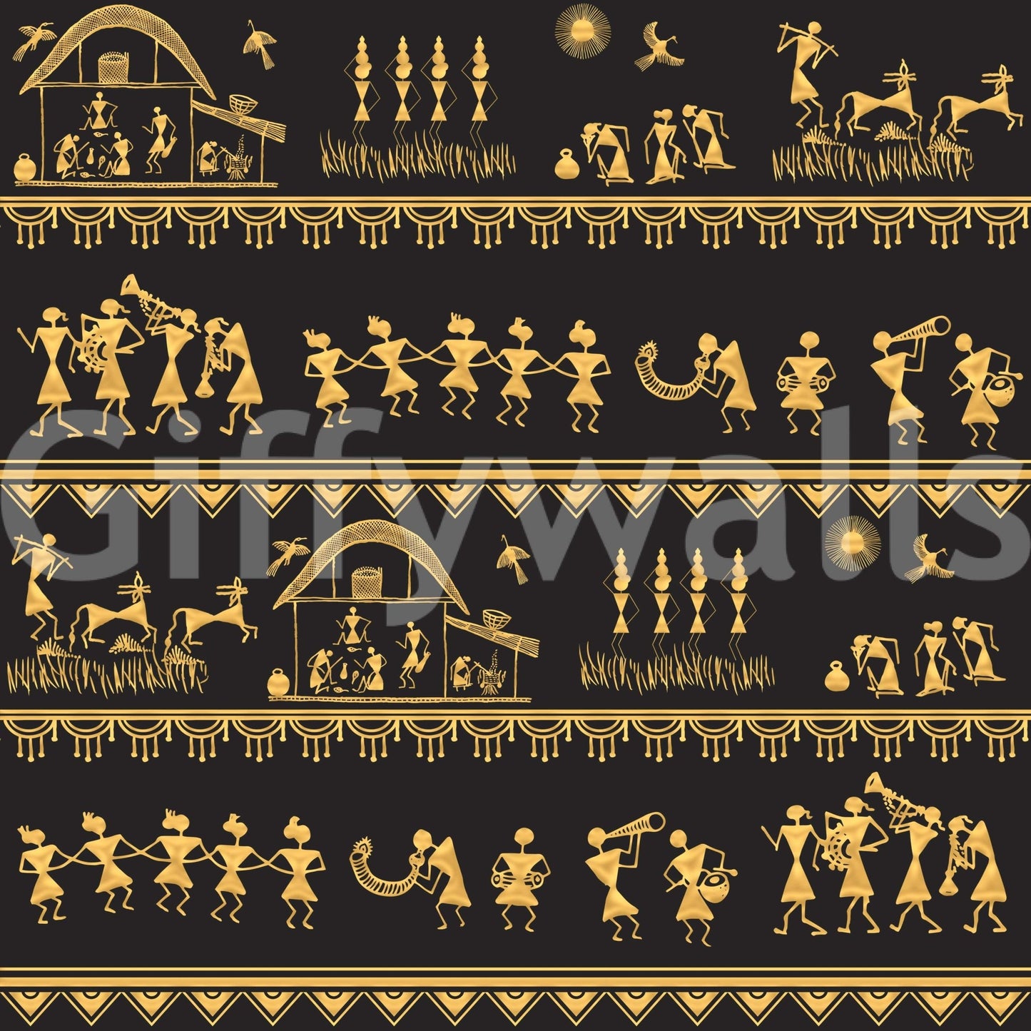 Indian tribal wall mural featuring classic Warli art figures