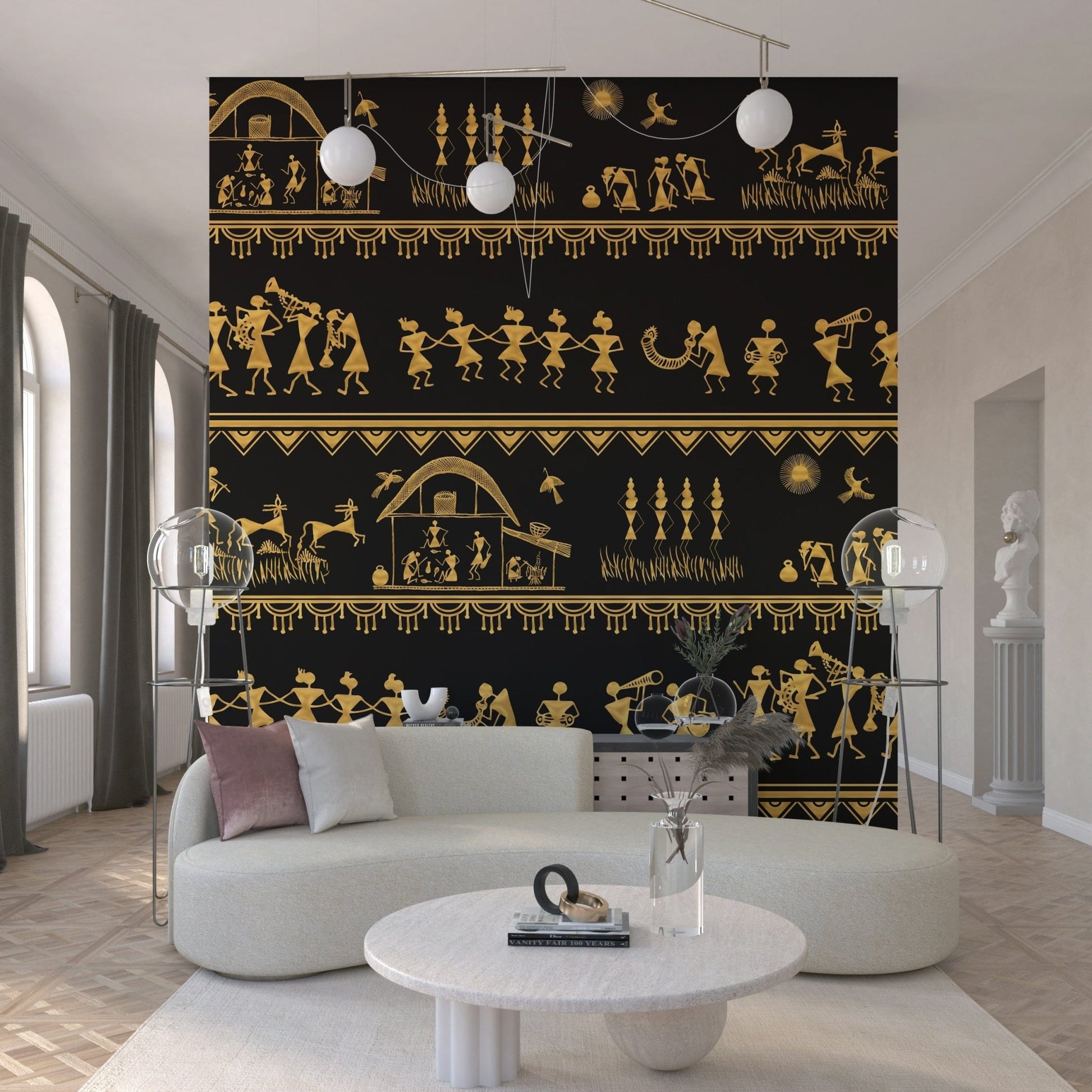 Warli-inspired mural artwork in monochrome gold detailing village stories