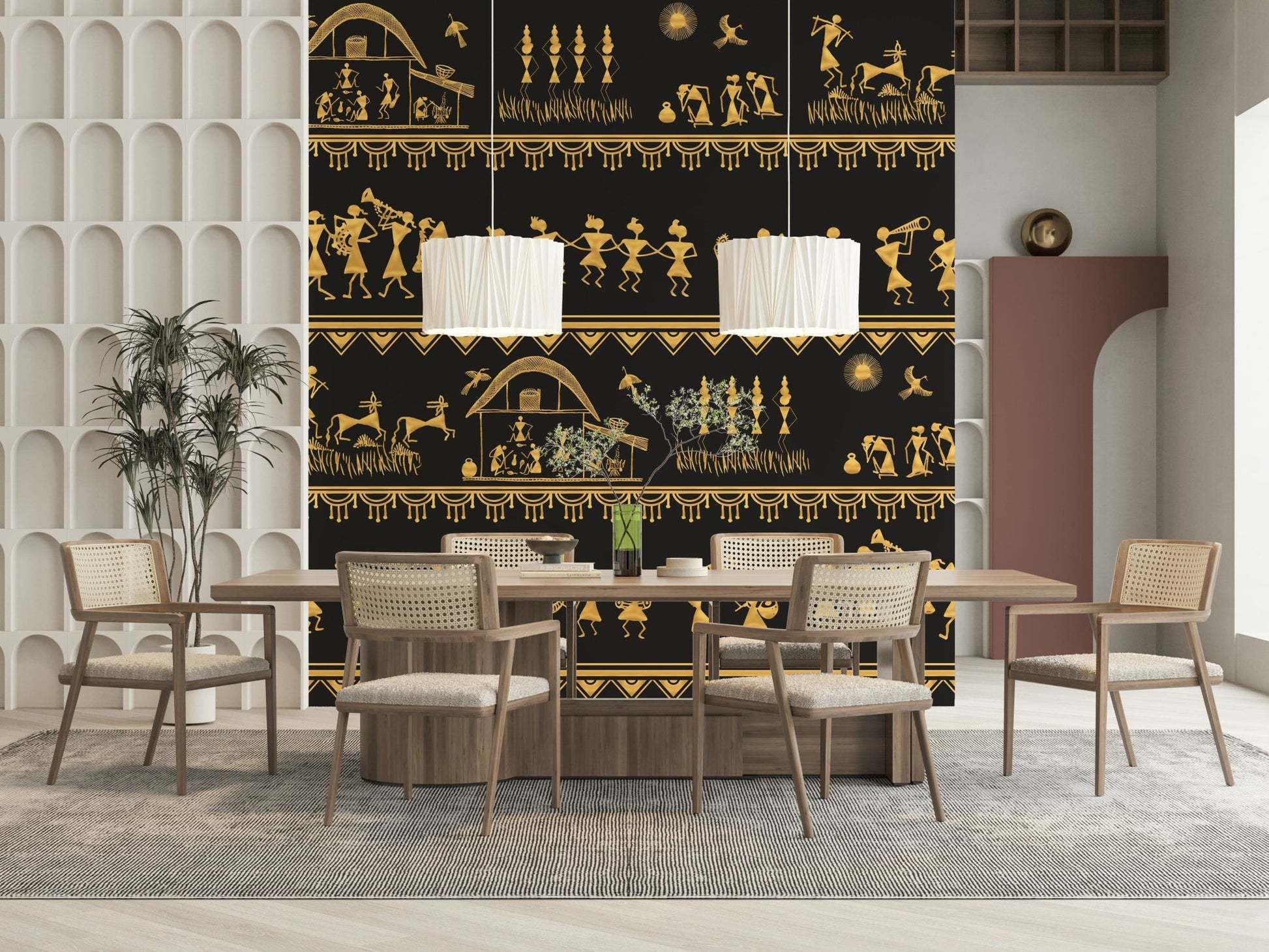 Warli wisdom mural with symbolic village scenes and cultural motifs