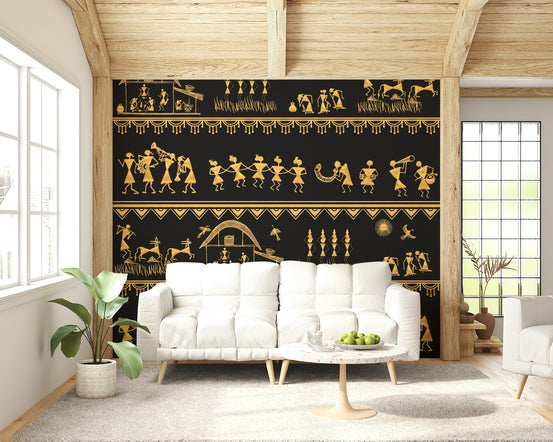 Cultural Warli wall mural with handcrafted tribal illustrations, GD7557