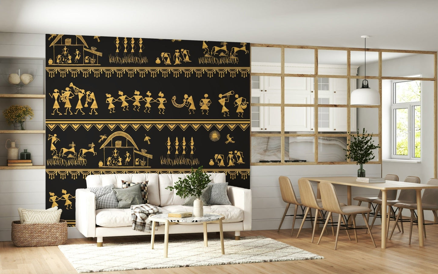 Folk art wall mural inspired by Warli traditions and daily life
