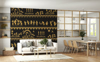 Folk art wall mural inspired by Warli traditions and daily life