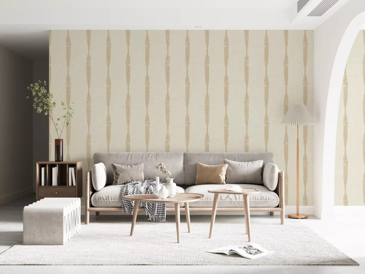 Textured beige and white vertical stripe wallpaper for bedroom, GD9616