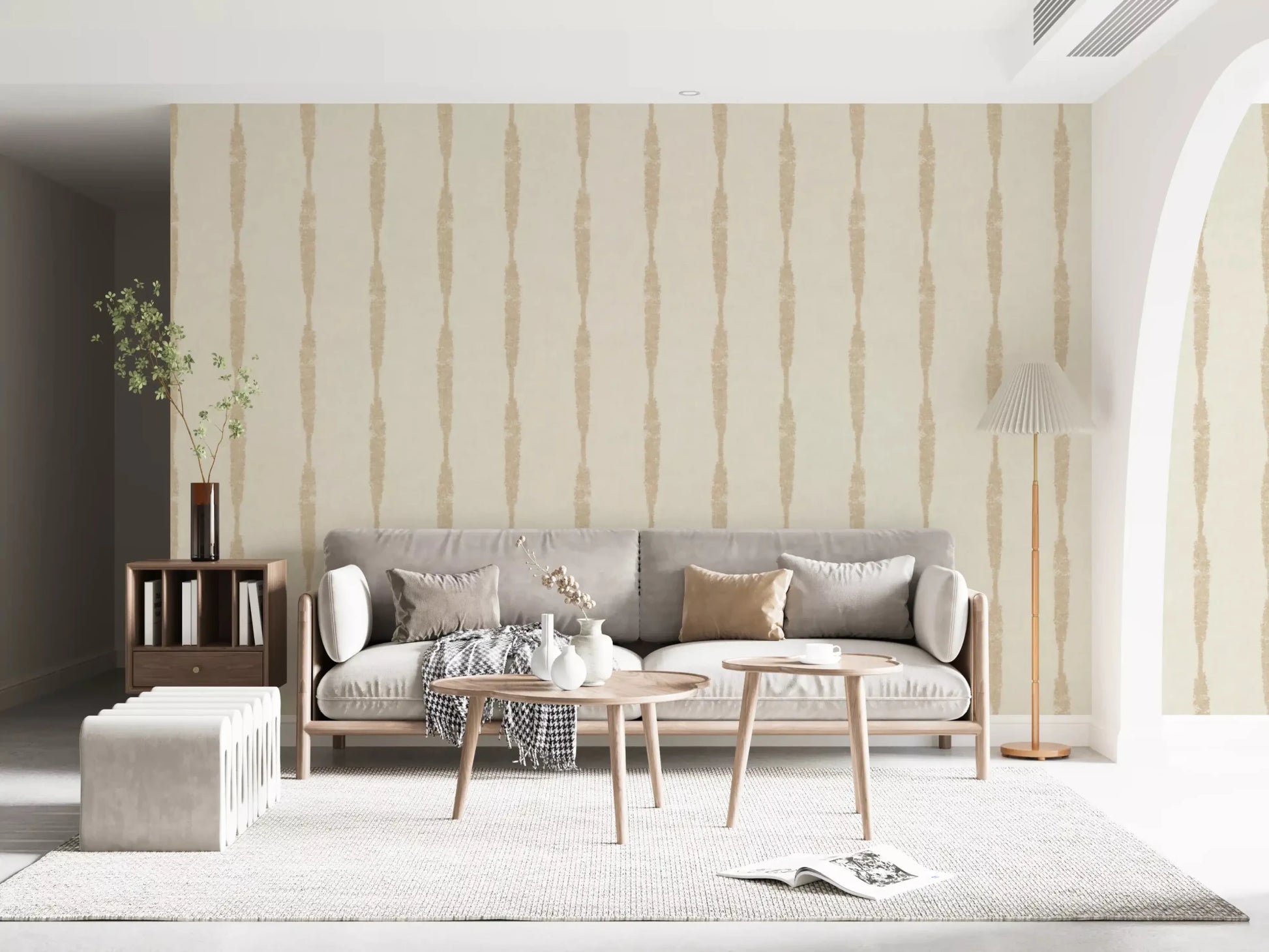 Textured beige and white vertical stripe wallpaper for bedroom, GD9616