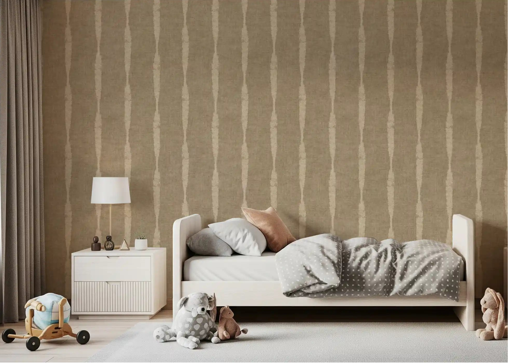 kids Bedroom softens with Warm Beige Distressed Stripes on Khaki wallpaper across the back wall.⁠GD9617