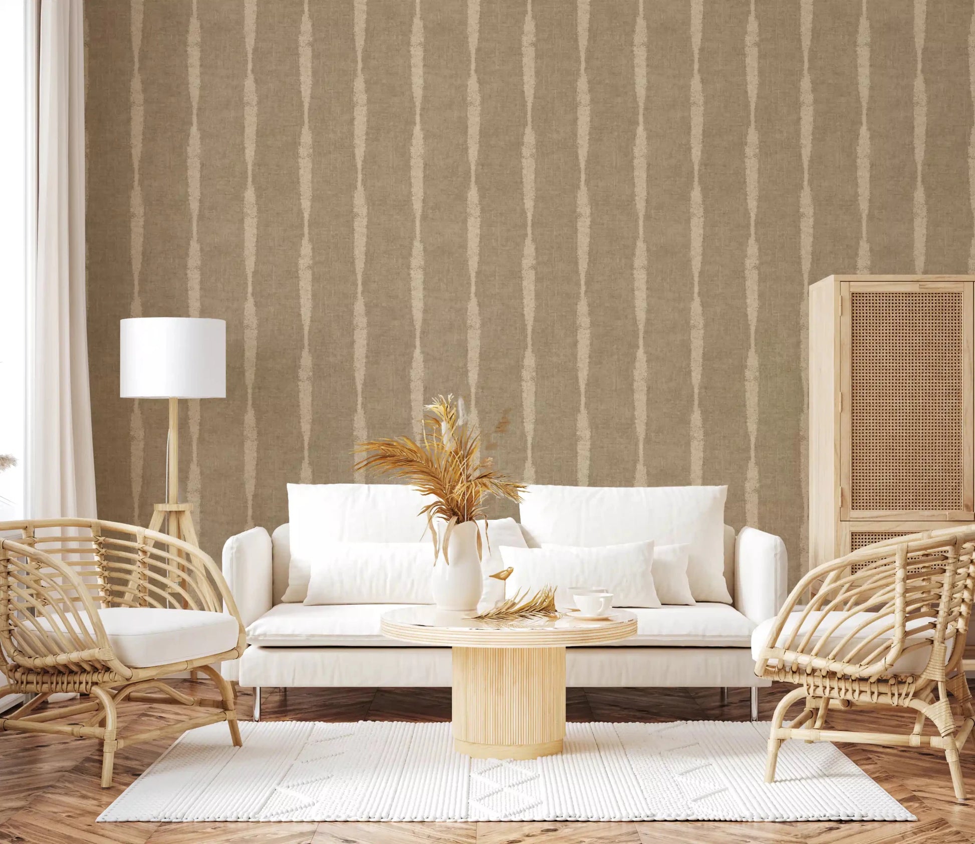 Living room reads more grounded through Warm Beige Distressed Stripes on Khaki wallpaper.⁠GD9617