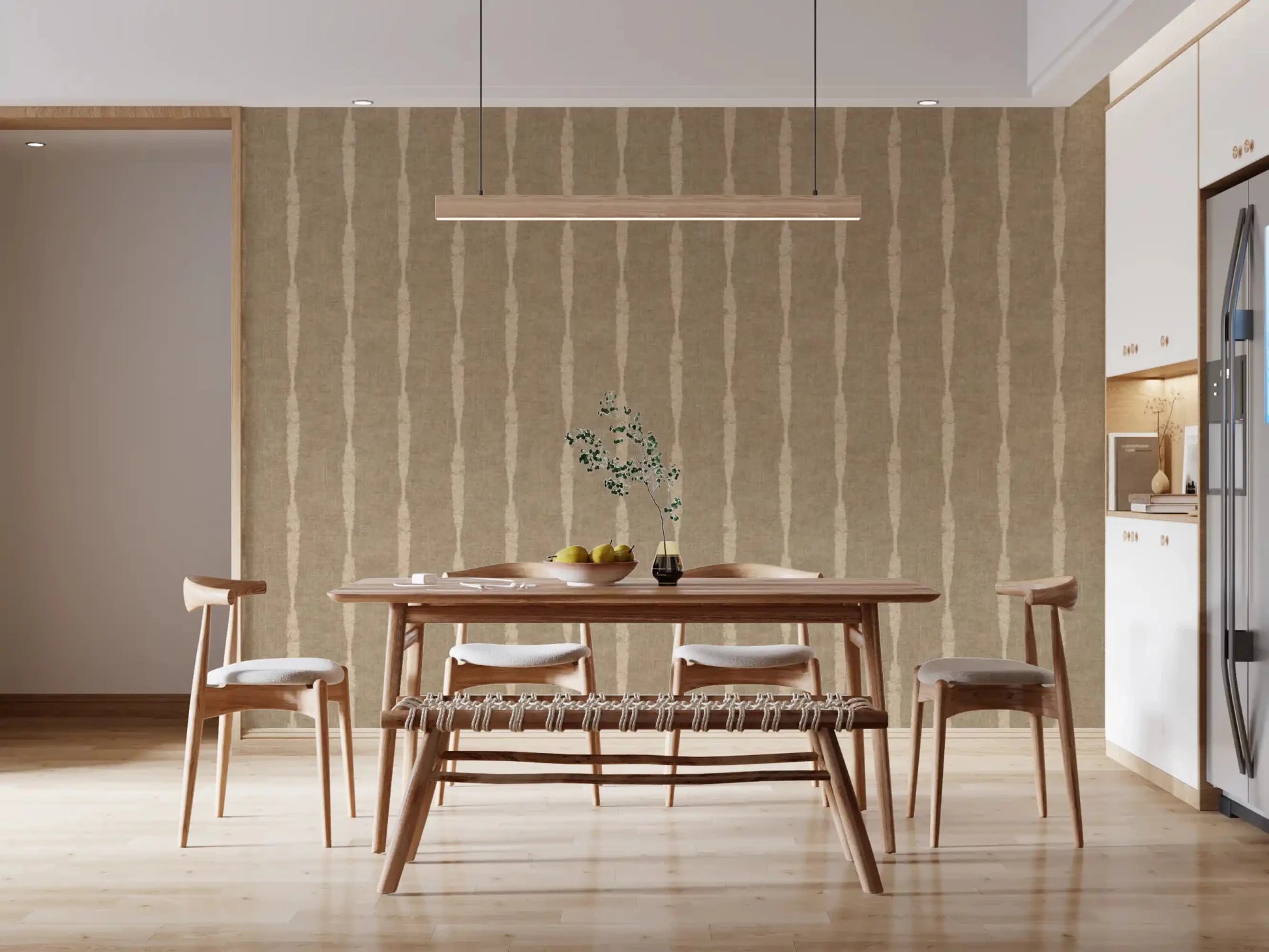 Dining room with Warm Beige Distressed Stripes on Khaki wallpaper threading the route.GD9617
