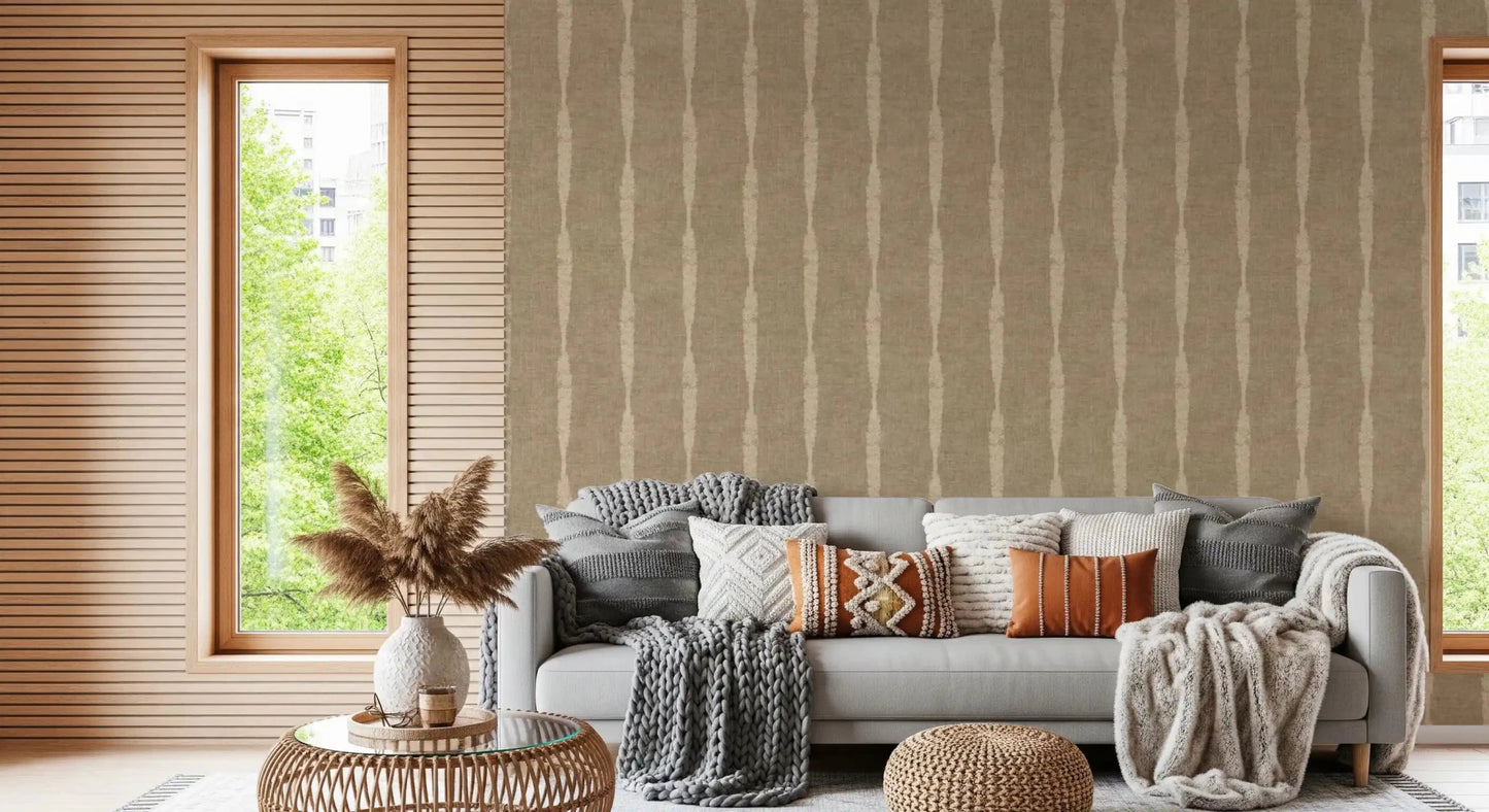 Faded cream stripes run vertically across Warm Beige Distressed Stripes on Khaki wallpaper.GD9617
