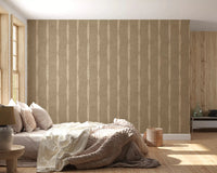 Bedroom backdrop turns warmer behind Warm Beige Distressed Stripes on Khaki wallpaper.GD9617