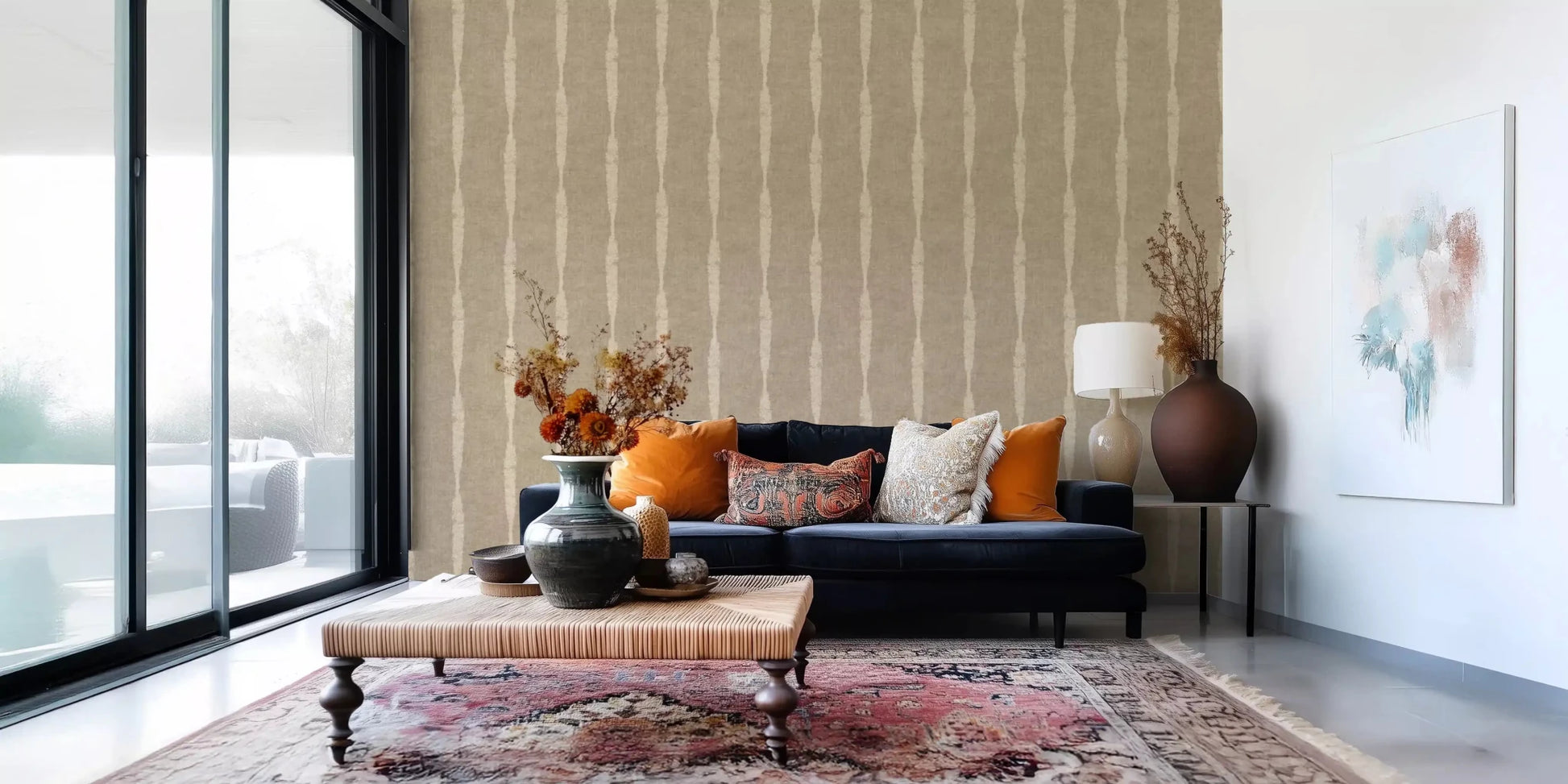 Stripe widths shift gently along the run on Warm Beige Distressed Stripes on Khaki wallpaper.GD9617
